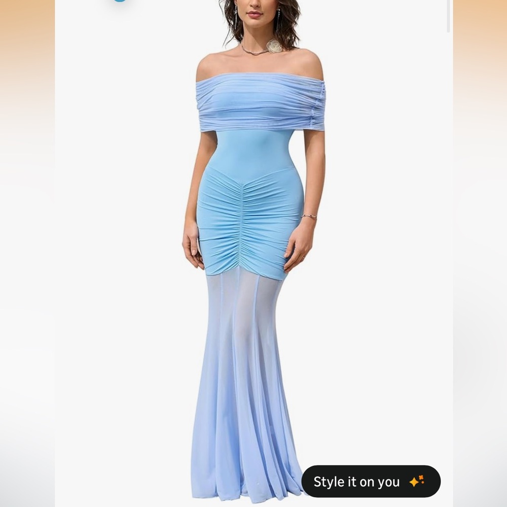 OFF SHOULDER SHEER RUCHED BLUE DRESS